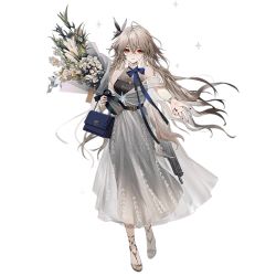 Rule 34 | 1girl, bag, bare shoulders, belt, black belt, black dress, blonde hair, blue bag, blue bow, blue bowtie, blue nails, bouquet, bow, bowtie, bracelet, breasts, closed mouth, dress, flower, full body, girls&#039; frontline, gun, hair flower, hair ornament, high heels, holding, holding bag, holding bouquet, jewelry, long hair, looking at viewer, medium breasts, mole, mole under eye, nail polish, necklace, official art, over shoulder, red eyes, solo, sp9 (girls&#039; frontline), sp9 (slumbering starry dream) (girls&#039; frontline), standing, stribog sp9, submachine gun, toes, transparent background, weapon, weapon over shoulder, white dress, yellow footwear, youamo