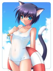 Rule 34 | 1girl, animal ears, cat ears, cat tail, one-piece swimsuit, saeki hokuto, school swimsuit, solo, swimsuit, tail, white school swimsuit, white one-piece swimsuit