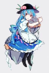 Rule 34 | 1girl, black footwear, black hat, blue skirt, boots, commentary request, food, fruit, full body, grey background, hat, hat ornament, hinanawi tenshi, hugging object, keystone, long hair, looking at viewer, mozukuzu (manukedori), peach, red eyes, shirt, short sleeves, simple background, sitting, skirt, solo, touhou, white shirt
