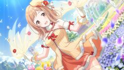 Rule 34 | 1girl, bare shoulders, beads, blush, bow, breasts, brown eyes, brown hair, choker, dress, dutch angle, field, flower, flower field, frilled skirt, frills, fur trim, game cg, gloves, hat, holding, idolmaster, idolmaster shiny colors, light brown hair, looking at viewer, medium breasts, medium hair, mini hat, official art, open mouth, orange dress, outdoors, red ribbon, ribbon, sakuragi mano, skirt, sleeveless, smile, solo, sparkle, striped clothes, striped dress, thighhighs, third-party source, tomari (veryberry00), white gloves