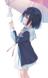 Rule 34 | 1girl, aqua eyes, black hair, blush, commentary request, dress, feet out of frame, from side, hand up, highres, holding, holding umbrella, looking at object, na-ga, neck ribbon, original, pink ribbon, pink umbrella, pointing, profile, ribbon, sailor collar, short dress, short hair, simple background, solo, standing, teruterubouzu, umbrella, white background, white dress, white sailor collar