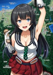 Rule 34 | 1girl, :d, agano (kancolle), anchor symbol, arm up, armpits, black hair, black sailor collar, blue eyes, blush, breasts, checkered clothes, checkered necktie, checkered neckwear, cleavage, collarbone, cowboy shot, gloves, highres, holding, ichikawa feesu, kantai collection, large breasts, long hair, map, mushroom, navel, necktie, open mouth, pleated skirt, red skirt, sailor collar, school uniform, serafuku, skirt, sleeveless, smile, solo, teeth, translation request, upper teeth only, white gloves