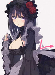 Rule 34 | 1girl, arrow (symbol), between breasts, black dress, black hair, black necktie, breasts, chain, chain leash, collar, commentary request, dress, fingernails, frilled sleeves, frills, gothic lolita, grey background, headdress, highres, kuroe shizuku, large breasts, leash, lolita fashion, long fingernails, long sleeves, looking at viewer, medium hair, nail polish, necktie, necktie between breasts, parted lips, purple eyes, purple nails, saipaco, simple background, solo, sono bisque doll wa koi wo suru, wide sleeves