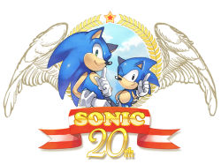 Rule 34 | ;), babuixxx, black eyes, character name, closed mouth, cloud, dual persona, feathered wings, furry, furry male, gloves, green eyes, head tilt, height difference, index finger raised, logo, looking at viewer, male focus, mochizuki anko, one eye closed, smile, sonic (series), sonic generations, sonic the hedgehog, sonic the hedgehog (classic), star (symbol), white gloves, wings, wink