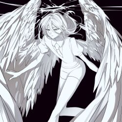 Rule 34 | 1other, bike shorts, expressionless, feathered wings, feathers, floating hair, greyscale, highres, houseki no kuni, jacket, long hair, looking to the side, monochrome, necktie, nyangji, other focus, outstretched arms, puffy short sleeves, puffy sleeves, shirt, short sleeves, solo, spread arms, wings