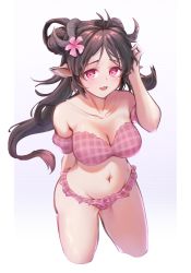 Rule 34 | 1girl, :3, :d, absurdres, animal ears, arknights, arm behind back, bare shoulders, bikini, brown hair, collarbone, commentary, cropped legs, eyjafjalla (arknights), eyjafjalla (summer flower) (arknights), flower, hair flower, hair ornament, hand up, highres, horns, long hair, looking at viewer, navel, off-shoulder bikini, off shoulder, open mouth, pink bikini, pink eyes, pink flower, plaid, plaid bikini, sheep ears, sheep horns, short sleeves, smile, solo, stomach, swimsuit, thighs, wangbrian