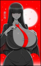 Rule 34 | 1girl, absurdres, akiranime, between breasts, black eyes, black hair, black jacket, black nails, black skirt, breasts, bursting breasts, business suit, buttons, cleavage, close-up, collared shirt, cowboy shot, curvy, dark-skinned female, dark skin, dot mouth, dot nose, eyebrows behind hair, eyebrows visible through hair, eyelashes, eyes visible through hair, female focus, fingernails, formal, full moon, hair strand, hand on own chest, heart, highres, hime cut, huge breasts, jacket, japanese text, lips, lipstick, long hair, long neck, long sleeves, looking at viewer, makeup, mascara, matching hair/eyes, moon, moonlight, nail polish, narrow waist, neck, necktie, necktie between breasts, neckwear between breasts, neckwear request, open mouth, original, red background, red lips, red necktie, shiny, shiny hair, shiny skin, shirt, skirt, skirt suit, solo, straight hair, suit, tie clip, tight, tight shirt, tight skirt, undersized clothes, upper body, very long hair, white shirt, wide hips