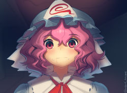 Rule 34 | 1girl, boa (brianoa), commentary, dark background, english commentary, expressionless, hair between eyes, hat, highres, indoors, looking at viewer, mob cap, pink eyes, pink hair, portrait, red neckwear, saigyouji yuyuko, short hair, solo, touhou