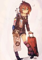 Rule 34 | 1girl, @ @, absurdres, backpack, badge, bag, bespectacled, brown eyes, brown hair, button badge, casual, comiket, commentary, earbuds, earphones, folded ponytail, fur trim, glasses, hair between eyes, handbag, highres, holding, inazuma (kancolle), jacket, kaamin (mariarose753), kantai collection, musical note, poster (medium), poster (object), shirt, short shorts, shorts, simple background, smile, solo, striped clothes, striped shirt, striped thighhighs, suitcase, thighhighs, walking, white background