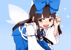 Rule 34 | 1girl, :d, absurdres, blue background, blue bow, blue dress, blue ribbon, blunt bangs, blush, bow, dress, fairy wings, fingernails, hair bow, half-closed eyes, hand up, highres, kanisawa yuuki, long hair, open mouth, outline, ribbon, sidelocks, smile, solo, sparkle, star sapphire, teeth, touhou, upper teeth only, very long hair, white outline, wings