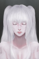 Rule 34 | 1girl, altair (re:creators), closed mouth, facing viewer, hair between eyes, lips, long hair, nude, re:creators, realistic, solo, twintails, upper body, viet le quoc, white hair, white theme