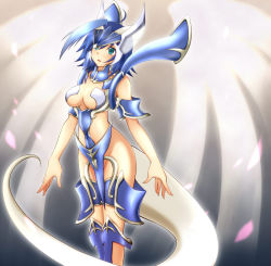 Rule 34 | ankle boots, armor, blue eyes, blue hair, boots, breasts, cardfight!! vanguard, cleavage, cosplay, gender request, genderswap, hair ornament, headgear, highres, royal paladin, sendou aichi, soul saver dragon, vanguard ride, wings