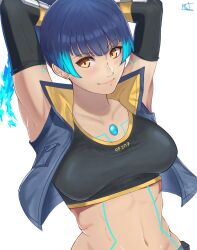 Rule 34 | 1girl, arms up, black sports bra, blue hair, breasts, brown eyes, chest jewel, commentary request, crop top, fiery hair, gloves, glowing lines, highres, looking at viewer, magdalenus27, navel, sena (xenoblade), side ponytail, sleeves past elbows, small breasts, smile, solo, sports bra, upper body, white background, xenoblade chronicles (series), xenoblade chronicles 3