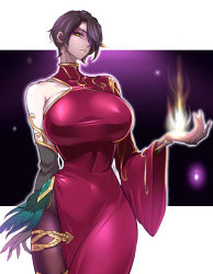 Rule 34 | 1girl, asymmetrical clothes, black hair, breasts, cinder fall, dress, earrings, elbow gloves, fire, fireball, gloves, hair over one eye, jewelry, large breasts, looking at viewer, pantyhose, propellercube, red dress, rwby, scar, scar on face, short hair, side slit, single sleeve, solo, swept bangs, thigh strap, thighs, upper body, wide sleeves, yellow eyes