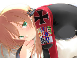 Rule 34 | 10s, 1girl, anchor hair ornament, asoka, blonde hair, blush, flag, green eyes, hair ornament, kantai collection, looking at viewer, low twintails, lying, hugging object, on stomach, pillow, pillow hug, prinz eugen (kancolle), solo, twintails, upper body