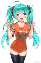 Rule 34 | 00s, 1girl, :d, absurdres, ahoge, american football uniform, aqua eyes, aqua hair, aqua nails, black thighhighs, blouse, chicago bears, commentary, commission, cowboy shot, english commentary, fangs, fingernails, hatsune miku, highres, long fingernails, long hair, looking at viewer, matching hair/eyes, nail polish, national football league, no pants, open mouth, orange shirt, rachel bouvier, shirt, simple background, smile, solo, sportswear, standing, thighhighs, twintails, v-neck, very long hair, vocaloid, white background, zettai ryouiki