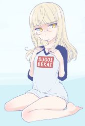 Rule 34 | 1girl, aohashi ame, barefoot, blonde hair, blunt bangs, casual, clothes writing, commentary request, frown, glasses, hands on own chest, highres, long hair, looking at viewer, no pants, open mouth, perrine h. clostermann, print shirt, raglan sleeves, rimless eyewear, romaji text, shirt, short sleeves, sitting, solo, strike witches, sugoi dekai, t-shirt, wariza, white shirt, world witches series, yellow eyes