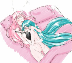 Rule 34 | 2girls, afterglow, aftersex, aqua eyes, aqua hair, bad id, bad pixiv id, bed, bed sheet, between breasts, blush, bottomless, breast smother, breasts, closed eyes, colored pubic hair, cuddling, face to breasts, female pubic hair, hair down, happy, hatsune miku, hug, long hair, megurine luka, multiple girls, naked sheet, nipples, nude, pink hair, pubic hair, pussy, pussy juice, small breasts, sweat, uncensored, very long hair, vocaloid, wet, yaya (y8ay8a), yuri