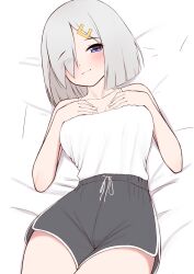 Rule 34 | 1girl, absurdres, blue eyes, breasts, grey hair, hair ornament, hairpin, hamakaze (kancolle), highres, kantai collection, legs together, lying, medium breasts, one eye covered, shirt, short hair, shorts, solo, tiemu (man190), white shirt