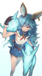 Rule 34 | 1girl, animal ears, armpits, belt, blue skirt, brown eyes, brown gloves, closed mouth, crying, earrings, ferry (granblue fantasy), gloves, gold trim, gradient background, granblue fantasy, heart, highres, holding, horns, jewelry, one eye closed, open mouth, rou (rou22), single horn, skirt, tears, weapon, white eyes