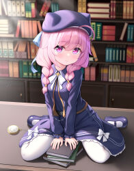 1girl beret blue_dress blush book book_stack bookshelf bow bowtie braid cementite closed_mouth collared_dress desk dress full_body hamartia_(yi_shijie_chaoji_zhanzheng) hat highres long_hair looking_at_viewer mary_janes on_desk pantyhose pink_eyes pink_hair pocket_watch shoes sitting smile solo twin_braids wariza watch white_bow white_bowtie white_pantyhose yi_shijie_chaoji_zhanzheng