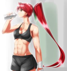 Rule 34 | 1girl, abs, bad id, bad pixiv id, bandages, bottle, bowalia, long hair, midriff, muscular, muscular female, navel, ponytail, red hair, shorts, solo, sports bra, water bottle