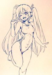 Rule 34 | 1girl, alternate costume, bare legs, barefoot, breasts, commentary request, competition swimsuit, covered navel, d-m (dii emu), eyelashes, greyscale, hatsune miku, headset, leg up, long hair, looking at viewer, monochrome, one-piece swimsuit, one eye closed, open mouth, sketch, standing, standing on one leg, swimsuit, traditional media, twintails, very long hair, vocaloid