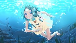 Rule 34 | 10s, 1girl, air bubble, akihikohex, anklet, barefoot, blush, bracelet, breath, bubble, choi mochimazzui, dress, fish, freediving, hair ornament, holding breath, jewelry, lots of jewelry, ocean, rock, sand, seaweed, short hair, swimming, tamako market, underwater, water, wet, wet clothes