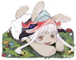 Rule 34 | 1other, androgynous, ears through headwear, fake horns, furry, helmet, highres, horizontal pupils, horned helmet, horns, lovelivexax, lying, made in abyss, nanachi (made in abyss), on stomach, open mouth, other focus, tail, whiskers, white background, white hair, yellow eyes