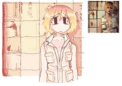 1girl artist_name black_eyes blonde_hair closed_mouth frown heather_mason nokojuice reference_inset short_hair silent_hill_(series) silent_hill_3 solo vest white_vest