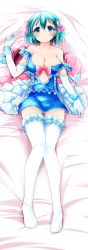Rule 34 | 10s, 1girl, :o, aqua eyes, aqua hair, areola slip, bare shoulders, bed sheet, blush, bow, breasts, cleavage, collarbone, dakimakura (medium), divine gate, dress, earrings, elbow gloves, frilled dress, frills, full body, gloves, gluteal fold, hair bow, highres, jewelry, lying, medium breasts, nanaume (shichimi tougarashi), no bra, no shoes, on back, pink bow, ribbon-trimmed legwear, ribbon trim, short dress, short hair, solo, strap slip, thighhighs, vivian (divine gate), white gloves, white thighhighs