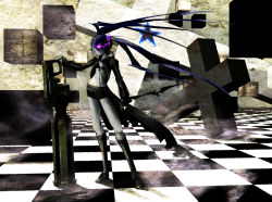 Rule 34 | 10s, 1girl, 3d, arm cannon, belt, bikini, bikini top only, black bikini, black hair, black rock shooter, black rock shooter (character), blue hair, boots, cape, chain, checkered floor, coat, cross, female focus, flat chest, front-tie top, glowing, glowing eyes, gun, hair over one eye, highres, hood, hooded jacket, huge weapon, jacket, knee boots, kyougyo, long hair, midriff, pale skin, short shorts, shorts, solo, star (symbol), swimsuit, twintails, uneven twintails, very long hair, weapon