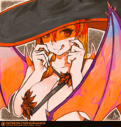 Rule 34 | 1girl, aurahack, bat wings, breasts, hat, large breasts, orange eyes, orange hair, original, outline, patreon logo, signature, smile, solo, tongue, tongue out, upper body, watermark, web address, wings, witch hat