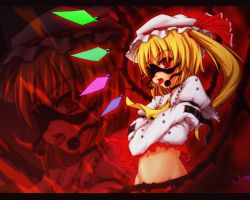Rule 34 | 1girl, ball gag, blonde hair, bottomless, etogami kazuya, eyepatch, female focus, flandre scarlet, gag, groin, red eyes, solo, straitjacket, torn clothes, touhou, ungagged, zoom layer