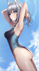 Rule 34 | 1girl, absurdres, animal ear fluff, animal ears, armpits, arms behind head, arms up, ass, bare shoulders, blue archive, blue eyes, blue one-piece swimsuit, blue sky, blush, breasts, cross hair ornament, extra ears, grey hair, hair ornament, halo, highleg, highleg swimsuit, highres, looking at viewer, medium breasts, medium hair, monegi, multicolored clothes, multicolored swimsuit, one-piece swimsuit, shiroko (blue archive), shiroko (swimsuit) (blue archive), short ponytail, sidelocks, sky, solo, swimsuit, thighs, wolf ears