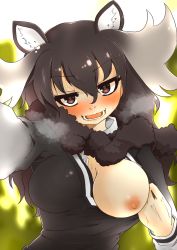 Rule 34 | 1girl, 7liquid, animal ears, blurry, blurry background, blush, breasts, breath, brown eyes, brown hair, collared shirt, commentary request, day, extra ears, flashing, fur scarf, grey hair, hair between eyes, half-closed eyes, head tilt, highres, kemono friends, long hair, long sleeves, looking at viewer, medium breasts, moose (kemono friends), moose ears, multicolored hair, naughty face, nipples, no bra, one breast out, open mouth, outdoors, outstretched arm, scarf, shirt, smile, solo, sweater, upper body