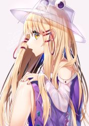 Rule 34 | blonde hair, blouse, dated, frog, from side, gunjou row, hair ribbon, hat, highres, knees to chest, long hair, moriya suwako, open mouth, purple skirt, purple vest, red ribbon, ribbon, rope, see-through, see-through sleeves, shirt, simple background, sitting, skirt, solo, touhou, very long hair, vest, white shirt, wide sleeves, yellow eyes