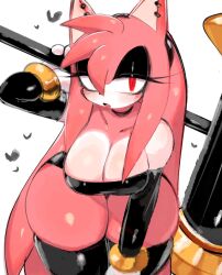 Rule 34 | 1girl, :o, alternate eye color, amy rose, animal nose, bare shoulders, bent over, black eyeshadow, black sleeves, black thighhighs, bracelet, breasts, cleavage, detached sleeves, eyeshadow, furry, furry female, gloves, hammer, heart, highres, holding, holding hammer, jewelry, large breasts, long hair, looking at viewer, makeup, open mouth, red eyes, simple background, solo, sonic (series), standing, thick thighs, thighhighs, thighs, usa37107692, very long hair, white background, white gloves