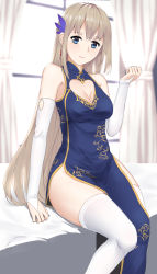 Rule 34 | 1girl, absurdres, blonde hair, blue dress, blue eyes, breasts, bridal gauntlets, china dress, chinese clothes, dress, earrings, elbow gloves, feather hair ornament, gloves, hair ornament, highres, indoors, jewelry, large breasts, lexington (warship girls r), pelvic curtain, sitting, sleeveless, sleeveless dress, solo, thighhighs, warship girls r, white gloves, white thighhighs, wujojin