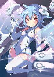 Rule 34 | 1girl, absurdres, arm up, bad id, bad pixiv id, blanc (neptunia), blue hair, boots, breasts, cameltoe, commentary request, covered navel, elbow gloves, gloves, highres, leotard, neptune (series), papion, red eyes, short hair, small breasts, smile, solo, thigh boots, thighhighs, v, white gloves, white heart (neptunia), white leotard, white thighhighs