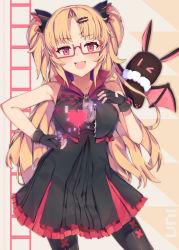 Rule 34 | 1girl, absurdres, akatsuki uni, bare shoulders, black dress, black gloves, black thighhighs, blonde hair, blush, bow, character name, commentary, dress, fang, fingerless gloves, frilled dress, frills, glasses, gloves, hair ornament, hairclip, heart, highres, jiyasu, long hair, looking at viewer, open mouth, red-framed eyewear, red bow, red eyes, sleeveless, smile, thighhighs, two side up, uni create, virtual youtuber