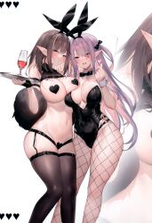 Rule 34 | 2girls, absurdres, animal ears, arm strap, asymmetrical docking, bare shoulders, belt, black belt, black bow, black bowtie, black gloves, black leotard, black thighhighs, blush, bow, bowtie, breast press, breasts, brown eyes, brown hair, buckle, cleavage, closed mouth, cup, detached collar, drinking glass, eyes visible through hair, fake animal ears, feather boa, feet out of frame, fingerless gloves, fishnet pantyhose, fishnets, frontless outfit, garter belt, gloves, gradient hair, grey hair, groin, hair bow, hair intakes, hair over one eye, hand up, heart, heart maebari, heart pasties, highleg, highleg leotard, highres, holding, holding tray, large breasts, leotard, long hair, looking at viewer, maebari, meme attire, multicolored hair, multiple girls, navel, nontraditional playboy bunny, o-ring, open mouth, original, pantyhose, pasties, pink eyes, pink hair, playboy bunny, pointy ears, rabbit ears, reverse bunnysuit, reverse outfit, scan, sidelocks, simple background, smile, sora 72-iro, stomach, strapless, strapless leotard, swept bangs, tail, thigh strap, thighhighs, thighs, tray, two side up, white background, white wrist cuffs, wide hips, wine glass, wrist cuffs, zoom layer