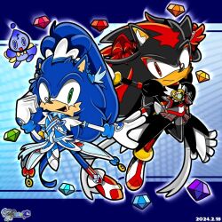 Rule 34 | 1other, 2boys, b0nb0n, black fur, blue background, blue fur, chao (sonic), chaos emerald, crossover, dated, dokidoki! precure, dress, full body, furry, furry male, gem, gloves, green eyes, highres, long hair, looking at viewer, multiple boys, open mouth, parody, precure, shadow the hedgehog, sonic (series), sonic the hedgehog, style parody, suite precure, white gloves