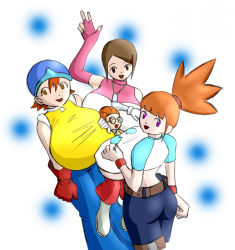 Rule 34 | 00s, 4girls, :d, alternate breast size, arm up, ass, back, beanie, belt, between breasts, blunt bangs, blurry, boots, breast smother, breasts, brown eyes, brown hair, covered erect nipples, crop top, crossover, digimon, digimon adventure, digimon adventure 02, digimon tamers, elbow gloves, face to breasts, fingerless gloves, gigantic breasts, glasses, gloves, grabbing, grabbing another&#039;s breast, hair between eyes, hair ornament, hairclip, hat, height difference, helmet, highres, huge breasts, inoue miyako, jewelry, lifted by breasts, light particles, long hair, looking at viewer, looking back, makino ruki, multiple girls, n647, necklace, open mouth, orange hair, pants, pink gloves, ponytail, purple eyes, raglan sleeves, scrunchie, shirt, short guy, short hair, short sleeves, simple background, size difference, sleeveless, sleeveless shirt, sleeveless turtleneck, smile, spiked hair, standing, swept bangs, t-shirt, takenouchi sora, taut clothes, taut shirt, thigh strap, turtleneck, underboob, waving, white background, wristband, yagami hikari