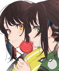 Rule 34 | 2girls, absurdres, brown eyes, brown hair, candy apple, closed mouth, food, from side, green eyes, green kimono, highres, holding, japanese clothes, kimono, looking at viewer, mika pikazo, multiple girls, original, pinky out, portrait, profile, siblings, simple background, smile, tongue, tongue out, twins, unmoving pattern, white background, yellow eyes, yellow kimono