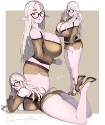 Rule 34 | ass, blonde hair, blue eyes, blush, breasts, brown background, brown footwear, bursting breasts, character name, cleavage, clenched hand, collarbone, cowboy shot, detached sleeves, dskn, elf, glasses, high heels, highleg, highleg panties, highres, huge ass, huge breasts, lips, long hair, lying, microskirt, miniskirt, mole, mole under eye, multiple views, on stomach, original, pale skin, panties, pencil skirt, plump, pointy ears, profile, puffy sleeves, shadow, signature, skindentation, skirt, thick eyebrows, thick thighs, thighs, underwear