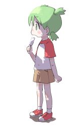 Rule 34 | 1girl, child, clenched hand, eating, food, full body, green eyes, green hair, highres, holding, holding food, koiwai yotsuba, naka (buttergirl 02), popsicle, quad tails, red footwear, short shorts, shorts, simple background, solo, standing, two-tone shirt, white background, yotsubato!