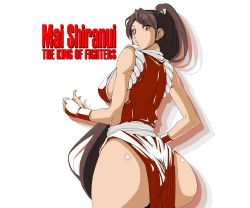 Rule 34 | 1girl, arm guards, ass, bare shoulders, breasts, brown eyes, brown hair, character name, commentary request, copyright name, dress, fatal fury, from behind, high ponytail, highres, huge ass, japanese clothes, large breasts, looking back, ninja, obi, pelvic curtain, ponytail, red dress, revealing clothes, rope, sash, shiranui mai, sideboob, simple background, solo, the king of fighters, tuna21, white background, wide hips