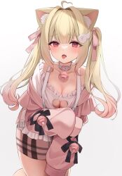 Rule 34 | 1girl, ahoge, animal ear fluff, animal ears, bare shoulders, bell, blonde hair, blush, breasts, cardigan, cat ears, cat girl, cleavage, cleavage cutout, clothing cutout, collarbone, commentary, commission, frilled shirt, frills, gradient background, gradient hair, hair intakes, hair ribbon, heart, heart-shaped pupils, heart ahoge, highres, iruka3, kemomimi refle!, long hair, medium breasts, miniskirt, multicolored hair, neck bell, nekoma karin, off-shoulder shirt, off shoulder, pink cardigan, pink hair, pink ribbon, pink shirt, plaid, plaid skirt, red eyes, ribbon, shirt, sidelocks, simple background, skeb commission, skirt, sleeves past wrists, solo, symbol-shaped pupils, tongue, tongue out, twintails, virtual youtuber