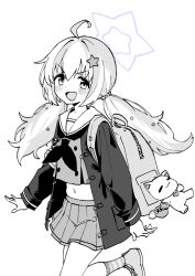 Rule 34 | 1girl, backpack, bag, blue archive, blush, greyscale, hair ornament, halo, jacket, long hair, long sleeves, looking at viewer, monochrome, neckerchief, open clothes, open jacket, open mouth, pleated skirt, purple halo, reisa (blue archive), sailor collar, school uniform, serafuku, shigatsu shizuki, shoes, simple background, skirt, smile, socks, solo, star (symbol), star hair ornament, striped clothes, striped socks, twintails, white background